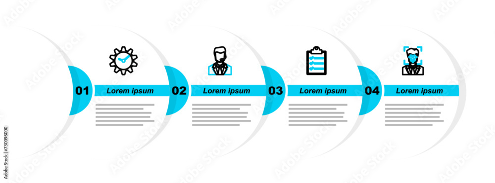 Poster set line face recognition, clipboard with checklist, man headset and time management icon. vector