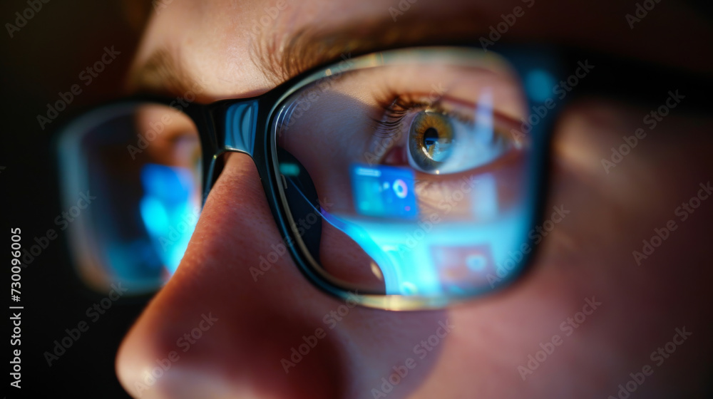 Poster a close-up view of an eye seen through a pair of glasses reflecting blue digital data and graphs, su