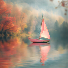 3d close-up of pink boat, ship on river, beautiful scenery