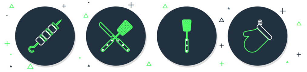 Set line Crossed knife and spatula, Barbecue, Grilled shish kebab and Oven glove icon. Vector