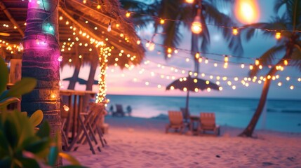 Blurred dusk beach bar background. Chairs, palm trees, warm string lights, with ocean waves and a colorful sky.