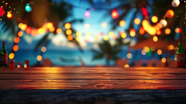 Blurred beach bar top background at sunset. Chairs, palm trees, warm string lights, with ocean waves and a colorful sky.
