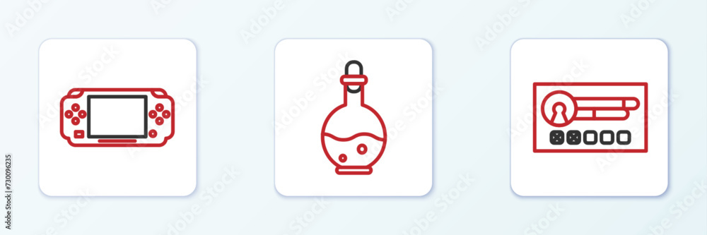 Poster set line create account screen, portable video game console and bottle with magic elixir icon. vecto