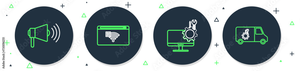 Poster set line no internet connection, computer monitor service, megaphone and car icon. vector