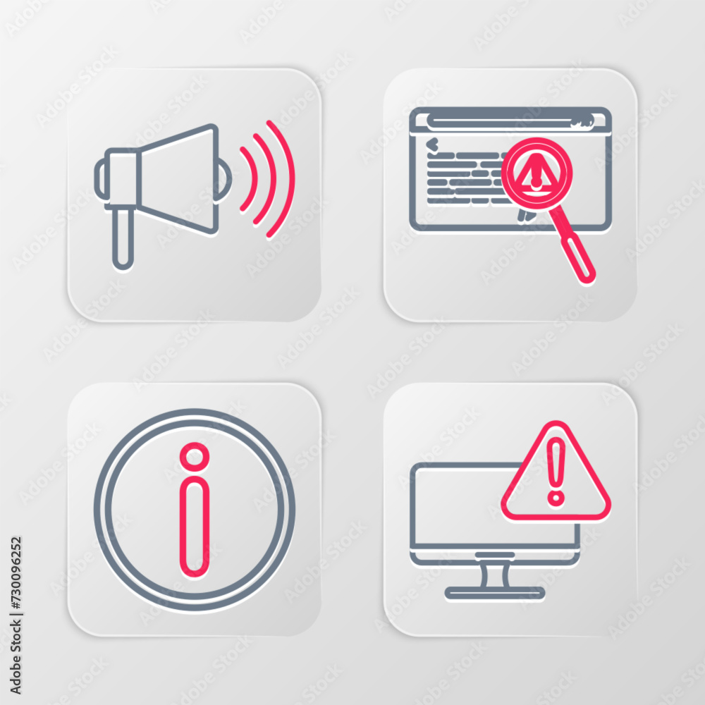 Poster set line monitor with exclamation mark, information, system bug concept and megaphone icon. vector