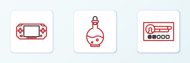 Set line Create account screen, Portable video game console and Bottle with magic elixir icon. Vector