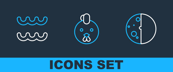 Set line Eclipse of the sun, Aquarius zodiac and Rooster icon. Vector