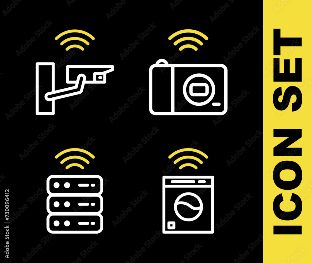 Wall mural set line smart photo camera, washer, server and security icon. vector