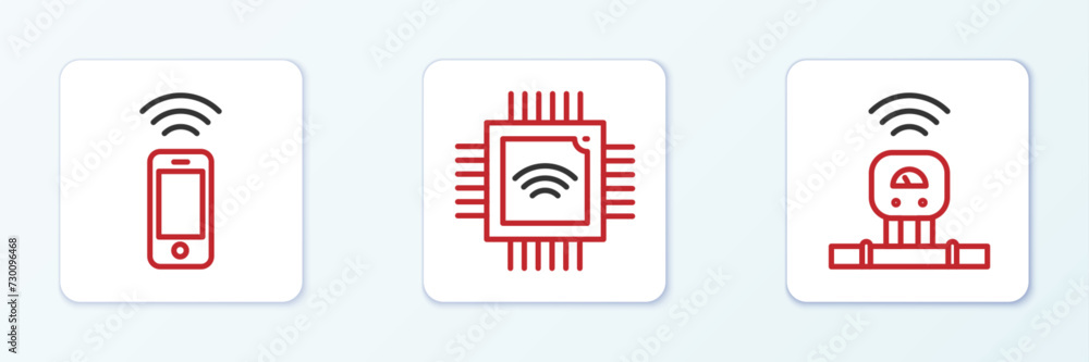 Poster set line smart sensor, wireless smartphone and processor with microcircuits cpu icon. vector
