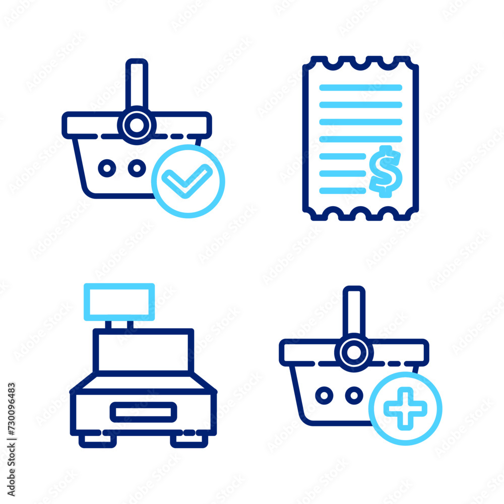 Poster set line add to shopping basket, cash register machine, paper check and financial check and with mar