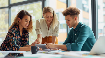 professionals are engaged in a discussion over a tablet and documents at a modern office table.