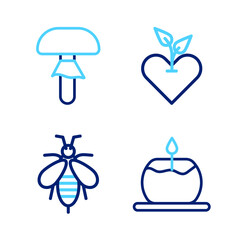 Set line Aroma candle, Bee, Heart and Mushroom icon. Vector