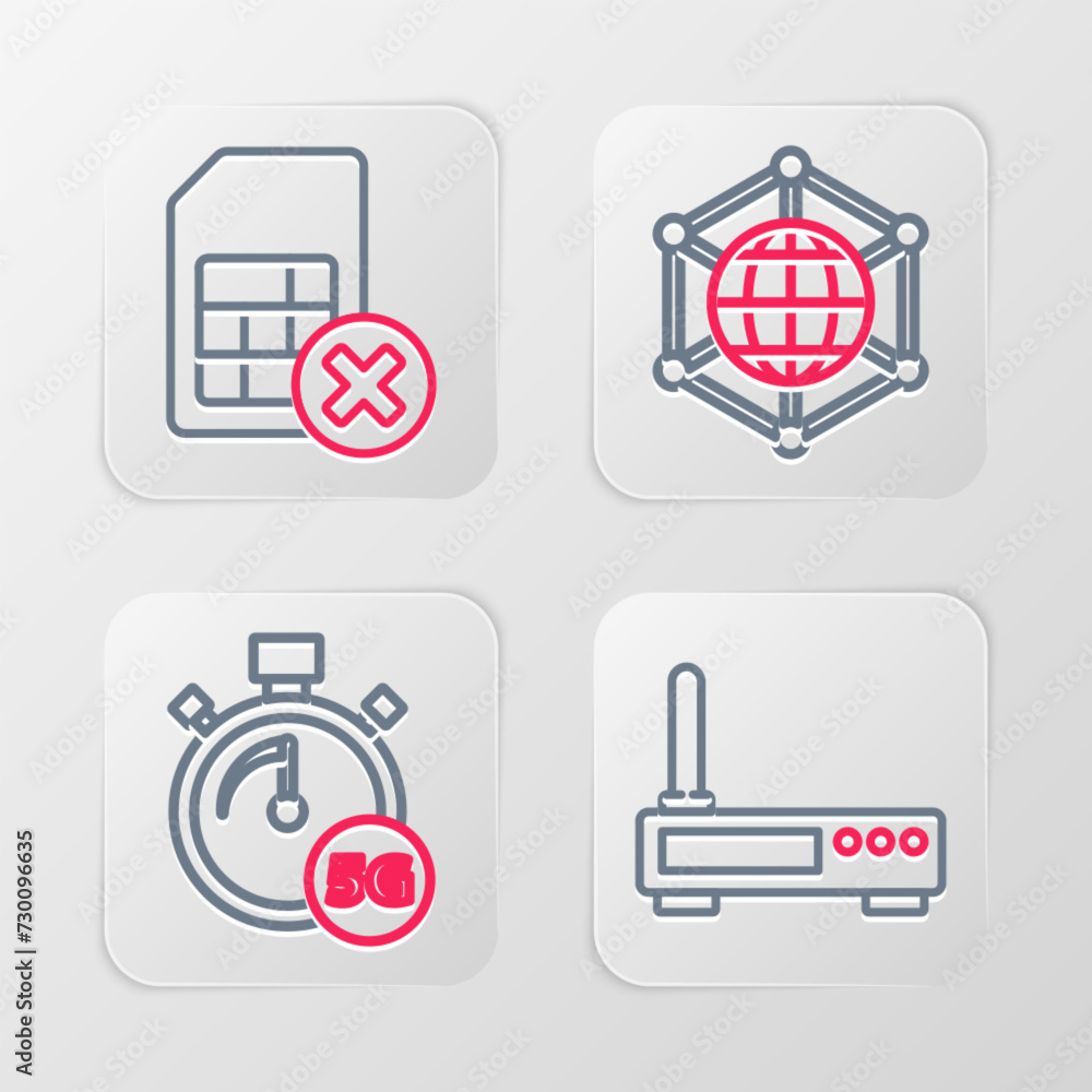 Poster set line router and wi-fi signal, digital speed meter 5g, social network and sim card rejected icon.