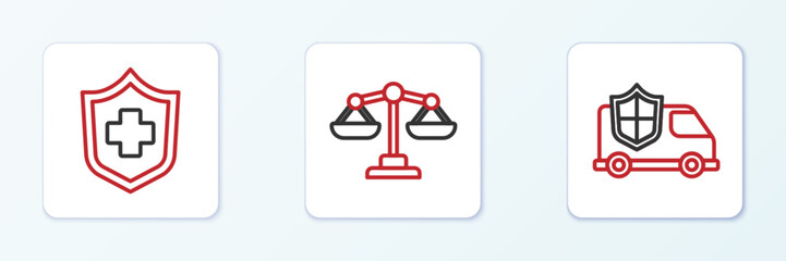 Set line Car with shield, Health insurance and Scales of justice icon. Vector