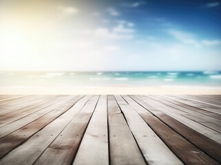 Empty wooden table with party on beach background blurred. Concept Summer, Beach, Sea, Relax, Party.