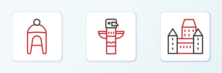 Set line Chateau Frontenac hotel, Winter and Canadian totem pole icon. Vector