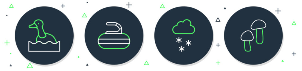 Set line Stone for curling, Cloud with snow, Flying duck and Mushroom icon. Vector