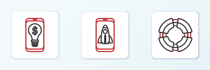 Set line Business lifebuoy, Light bulb with dollar on mobile and Startup project concept icon. Vector