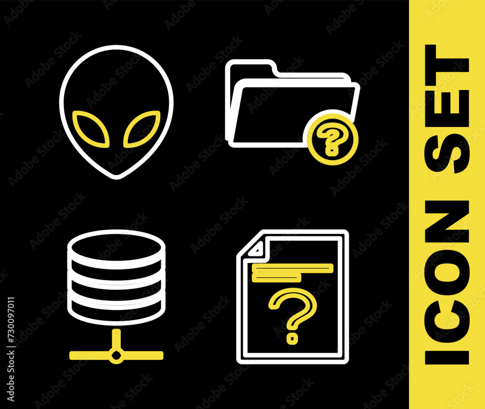 Poster set line unknown directory, document, server, data, web hosting and alien icon. vector