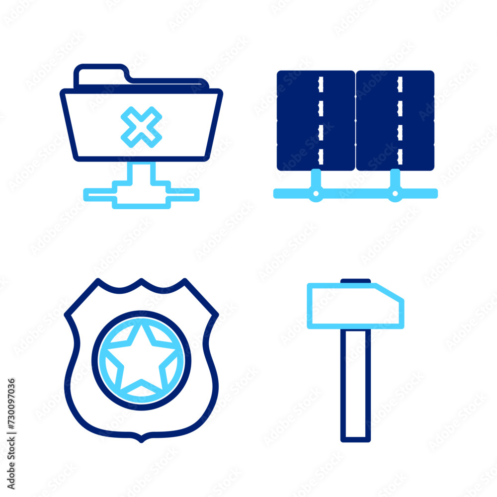 Poster set line hammer, police badge, server, data, web hosting and ftp cancel operation icon. vector