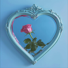 A heart shaped mirror with a rose in refflection. Light pink and sky-blue soft colors. Valentine's day idea. Romantic 80s and 90s aesthetic.