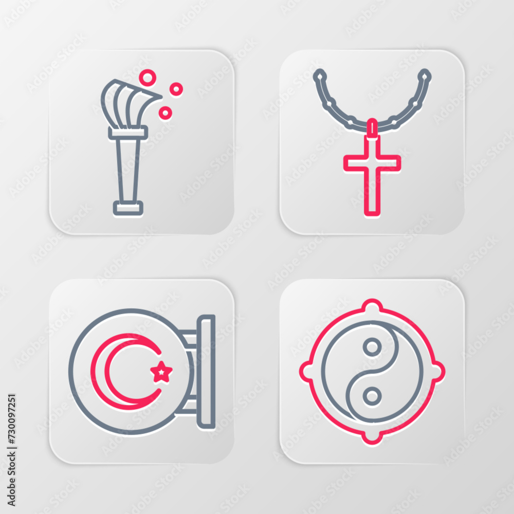 Poster set line yin yang, star and crescent, christian cross on chain and aspergillum icon. vector