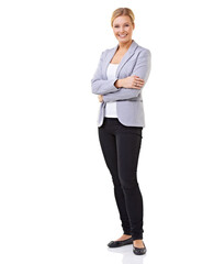 Business woman, white background and studio with smile, winning and hills with arms crossed. Professional female, formal and happy for startup, company and promotion while standing by portrait