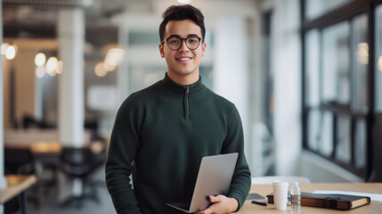 A confident man stands with arms crossed in a modern office environment, embodying leadership and professionalism with his team in the background.