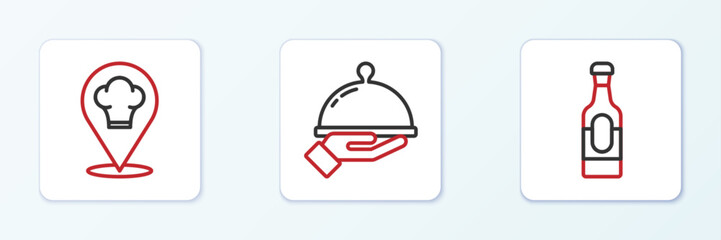 Set line Wine bottle, Chef hat with location and Covered tray of food icon. Vector
