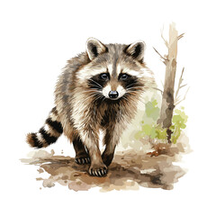 Illustration of a raccoon in the forest, isolated on a white background, combining both painted and vector elements.