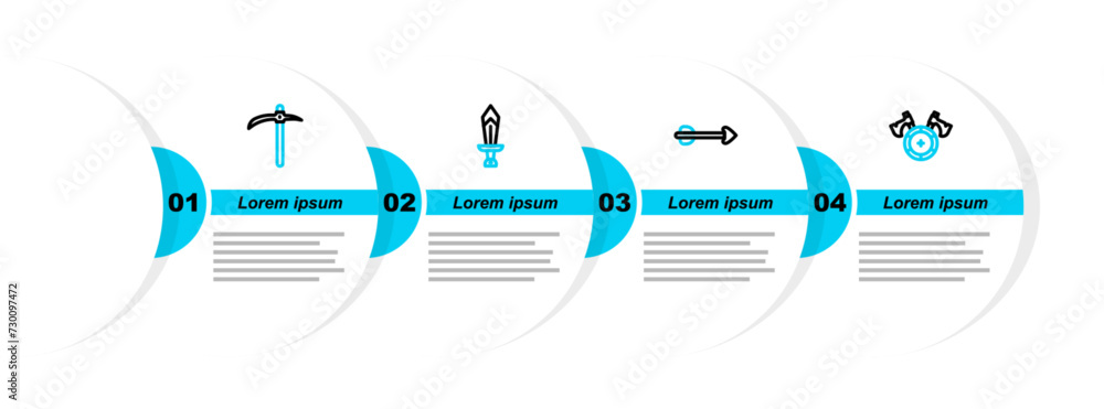 Poster set line medieval shield with axe, arrow, sword for game and pickaxe icon. vector