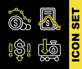 Set line Mobile stock trading, Drop crude oil price, Dollar rate decrease and icon. Vector