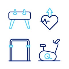 Set line Stationary bicycle, Sport horizontal bar, Heartbeat increase and Pommel horse icon. Vector