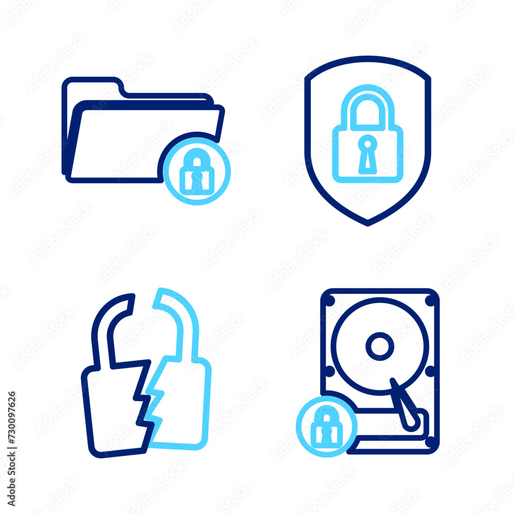 Poster set line hard disk drive and lock, broken or cracked, shield security with and folder icon. vector