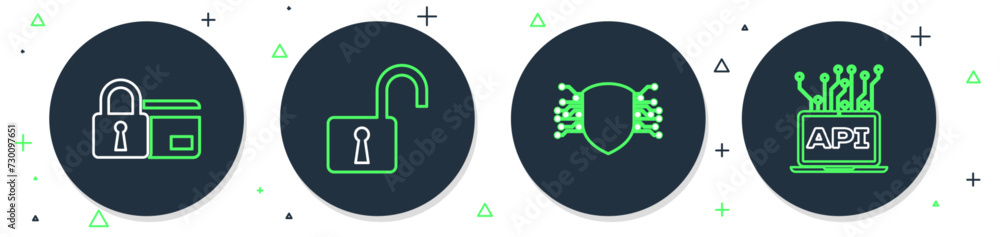 Poster set line open padlock, cyber security, credit card with and computer api interface icon. vector