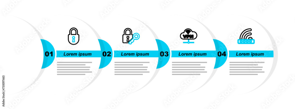 Poster set line wifi locked, vpn network cloud connection, lock and key and icon. vector