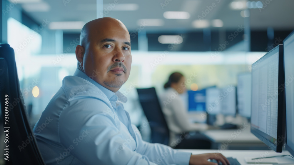 Poster confident individual at a workstation with multiple computer monitors in a modern office.