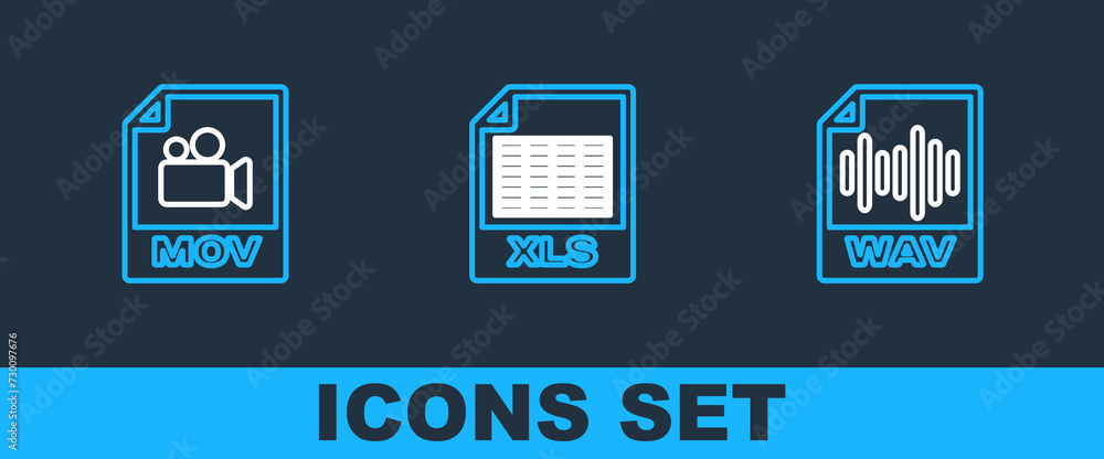 Poster set line wav file document, mov and xls icon. vector
