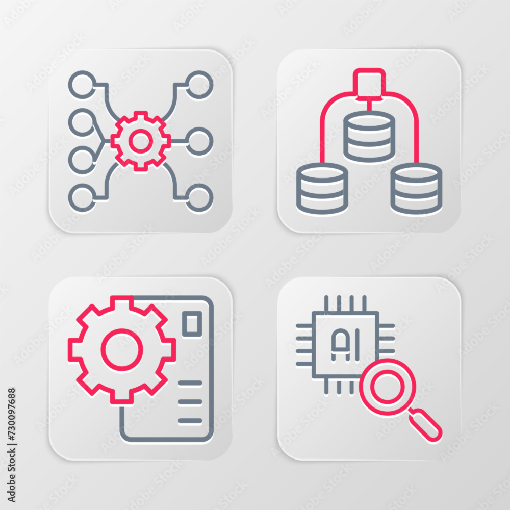 Poster set line processor cpu, neural network, server, data and icon. vector