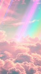 Rainbow lines through the clouds of an appreciating sky. Surreal cyberpunk scene. Dreamy idea....