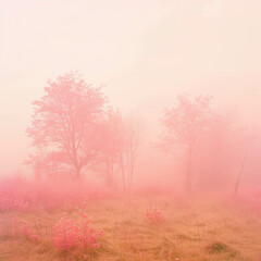 Obraz na płótnie Canvas Pinks and beiges forest with soft fog, in the style of light pink and pecahy orange. Nature-based patterns. Neon color scheme.