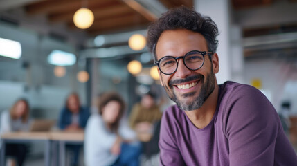 A smiling man with glasses is sitting in a casual office setting, exuding confidence and satisfaction.