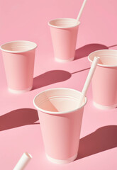 Several paper cups in a pink background with straws. Pop art inspired. Pink and white colors....