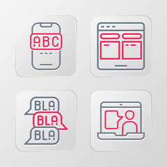 Set line Foreign language online study, Speech bubble chat, Online translator and icon. Vector