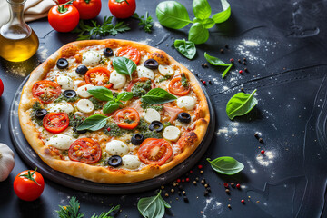 Frische vegetarische Pizza auf einem dunklen Tisch