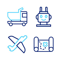 Set line Pirate treasure map, Toy plane, Robot toy and truck icon. Vector