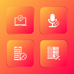 Set Laptop service, Microphone, Mobile Apps and Database server icon. Vector