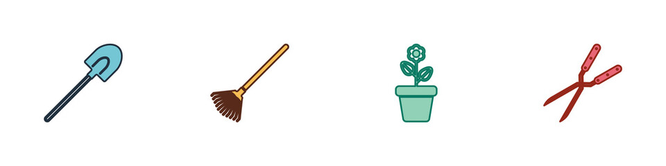 Set Garden shovel, rake for leaves, Flower in pot and Gardening handmade scissor icon. Vector