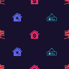 Set Hanging sign with For Sale, Search house, House dollar and Sold on seamless pattern. Vector