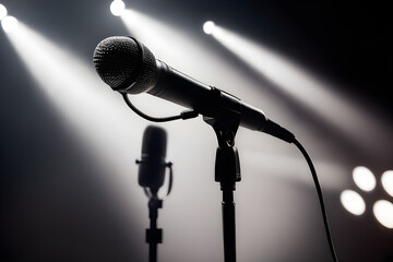 black microphones on stage, performance, music concert, vocals, spotlights, light, studio,...
